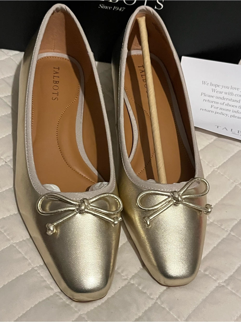 TALBOTS VANESSA METALLIC LEATHER
BLOCK HEEL PUMPS Bow Square-Toe Ballet Flats